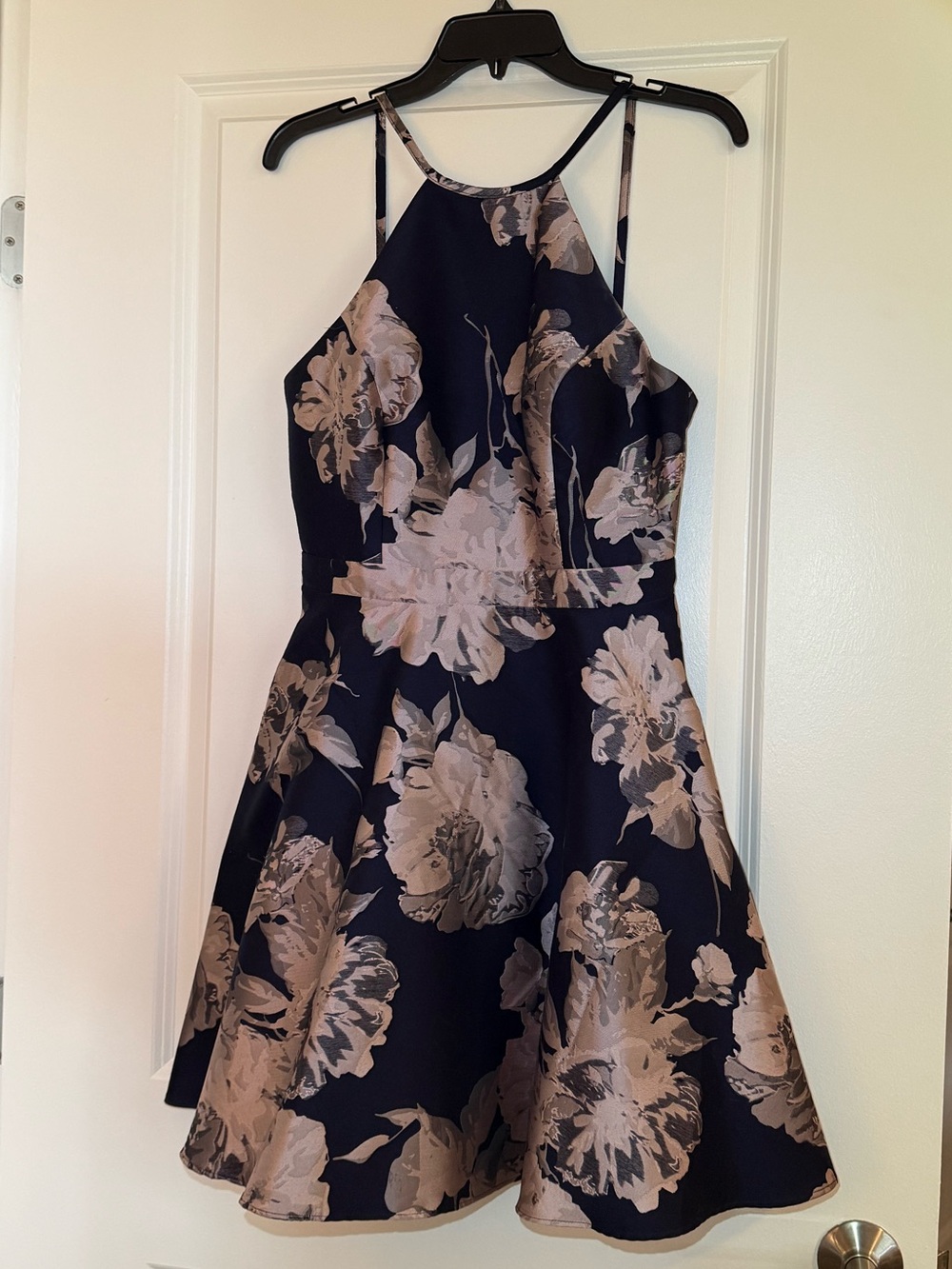Xscape Navy Dress with Blush Floral Print